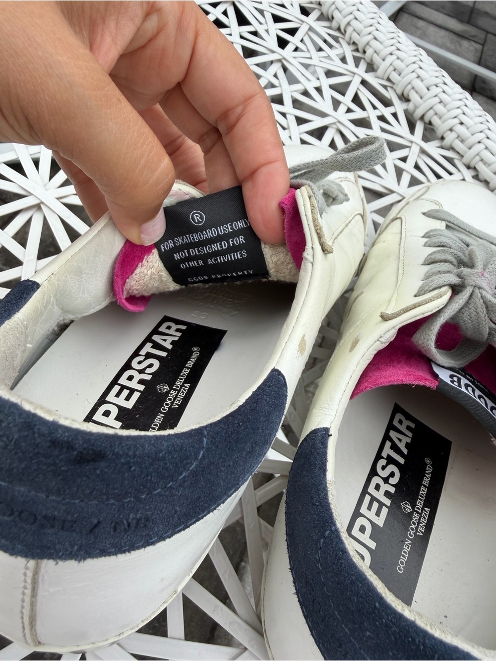 Golden Goose women’s White Leather Sneakers with Pink Glitter Star and Navy Heel - Picture 9 of 13